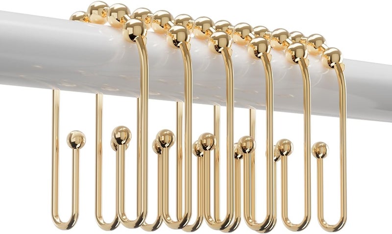 Resze U Shaped Shower Curtain Hooks Rings,12 Pcs Durable Rust Resistant Metal Shower Hooks, Double Glide Smoothly Anti-Drop Shower Rings for Shower Curtain Rod,Golden - Image 1